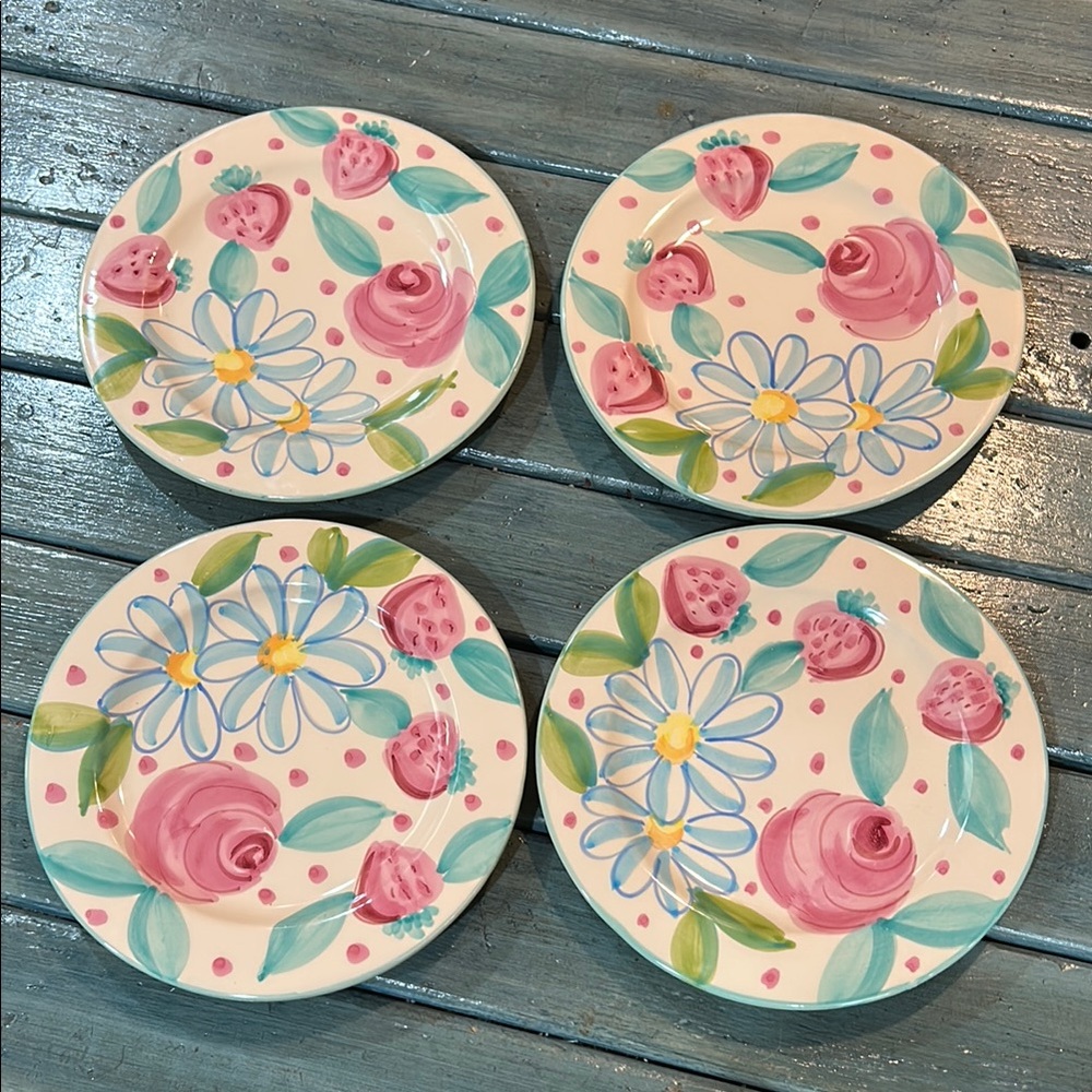 Bath & Body Works At Home Hand Painted Floral Strawberry Pattern Salad Plates 4